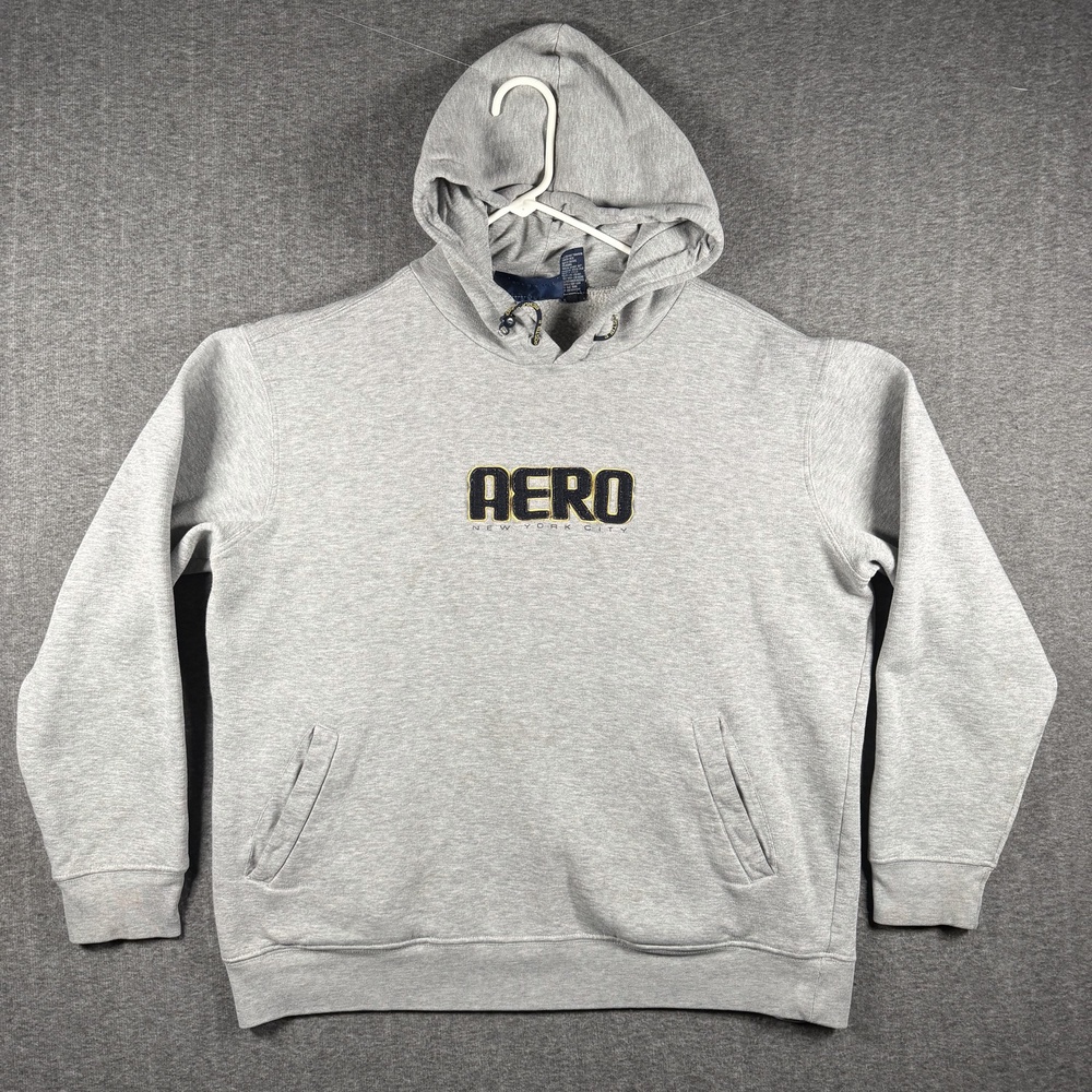 Y2K Aeropostale Hoodie Mens Large Gray Pullover AERO NYC Fleece Logo Graphic
